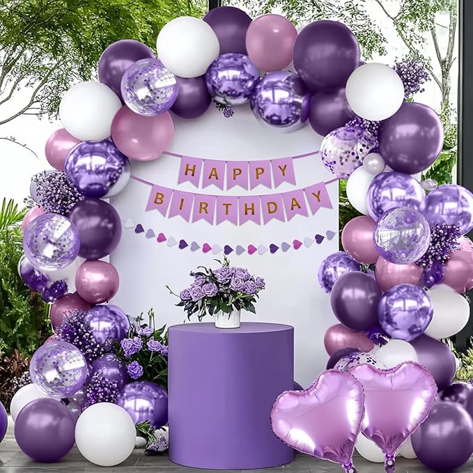 Purple Birthday Decorations for Women, Happy Birthday Party Decorations, Happy Birthday Banner, Purple Balloons, Foil Fringe Curtains, Tissue Paper Pompoms, Heart Garland, Party Decor for Girls
