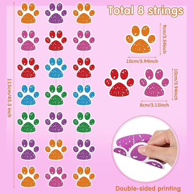 Duraaamo 8 Packs Banner Decorations Paper Garland Paper Hanging Cutouts Banners for Birthday Baby Shower Party Supplies Decor (Color Paws)