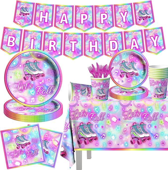142Pcs Roller Skating Birthday Party Supplies Tableware Set Roller Skater Decoration Let's Roll Birthday for Boy or Girl,Colorful Plates and Napkins Cups Tablecloth Banner