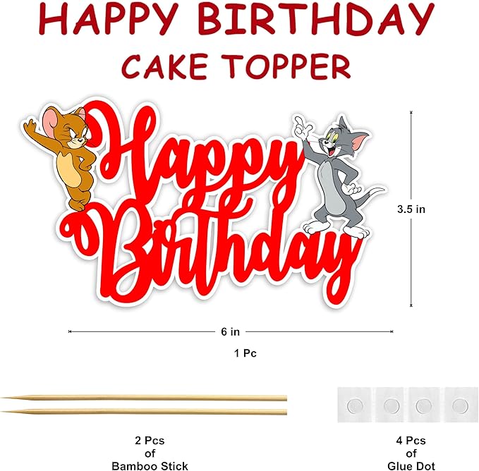 "Tom & Jery Happy Birthday Cake Topper – Cartoon Theme Birthday Party Supplies – Fun and Colorful Cake Decoration – Perfect Cake Decoration for Boys and Girls – Cartoon Party Supplies "