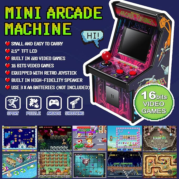 16 Bit Handheld Retro Games Console for Kids Adults, 8-Way Joystick,2.5'' Large Screen Preloaded 220 HD Classic Retro Video Games,,Gift for Kids 4-12