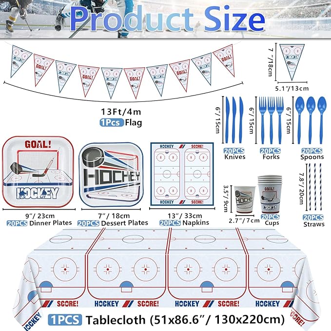 162Pcs Hockey Party Decorations - Including Hockey Theme Plates, Napkins, Cups, Birthday Banner for Ice Hockey Party Decoration Kids Party Supplies, Serve 20