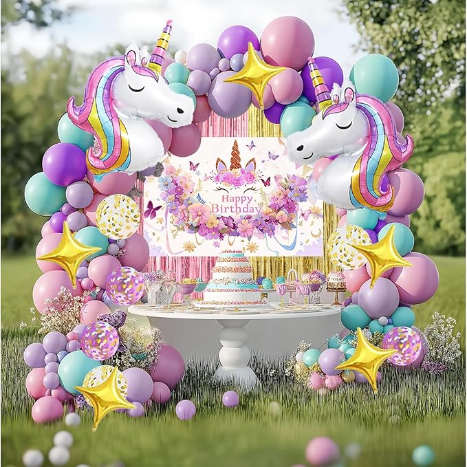 Unicorn Party Decorations Kit - 135-Piece Set with 3D Foil Balloons, Backdrop, Table Cover, Tassel Curtains & Garland Making Supplies - Pink, Rose Gold, Purple Theme (Includes Balloon Arch Kit)