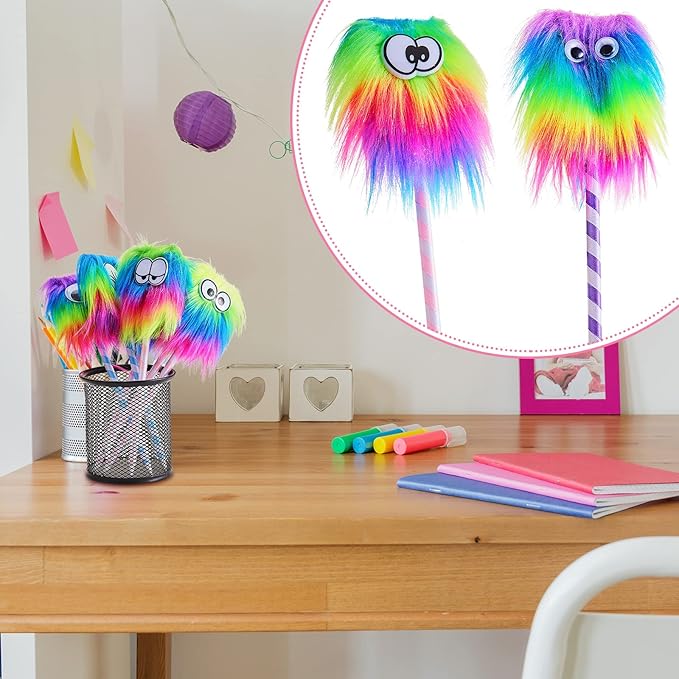 Outus 32 Pieces Rainbow Fluffy Monster Pens Cute Fun Pen for Monster Party Favors School Office Birthday Carnival Party Favor Supply