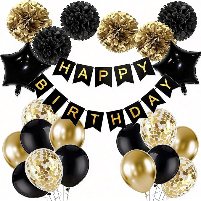 Birthday Decorations for Men Gold and Black Party Decor Supplies Boy Including Happy Birthday Banner Confetti Latex Balloon Foil Balloon and Ribbon