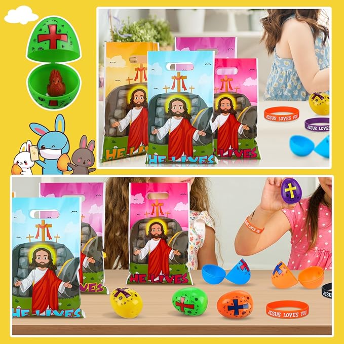 108 Pcs Easter Religious Party Favor Easter Eggs Fillers Christian Goody Bags Jesus Loves You Wristbands Party Supplies for Gift Church (Jesus)