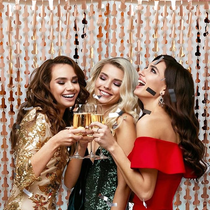 Bachelorette Party Decorations Foil Fringe Curtain, 2-Pack Girls Night Supplies Funny Metallic Streamers, Naughty Tinsel Backdrop for Hen Parties Bridal Shower Adult Birthday (Rose Gold)