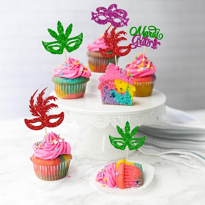 Gyufise 24Pcs Mardi Gras Cupcake Toppers Glitter Masquerade Masks Cupcake Pick Decorations Mardi Gras Party Baby Shower Birthday Cake Decorations Party Supplies Colorful 1