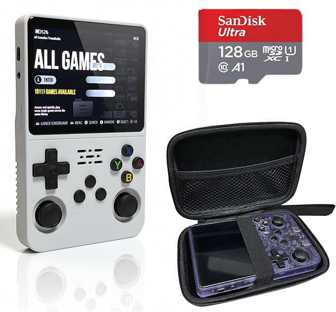 BitBox R36S ArkOs Authentic Retro Handheld Arcade Console - Built-in 20,000 Games & 64GB, 3.5 Inch IPS Screen, Ready to Play! (White 128gb Backup & Upgrade Ultra Performance Bundle)