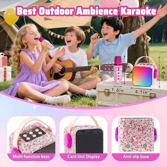 Karaoke Machine for Kids, Birthday Gifts for 3 4 5 6 7 8 9 10 11 Year Old Girl Boy, Portable Speaker with Colorful LED Lights and 2 Mics, Toys for Ages 3-12 (Pink-1)