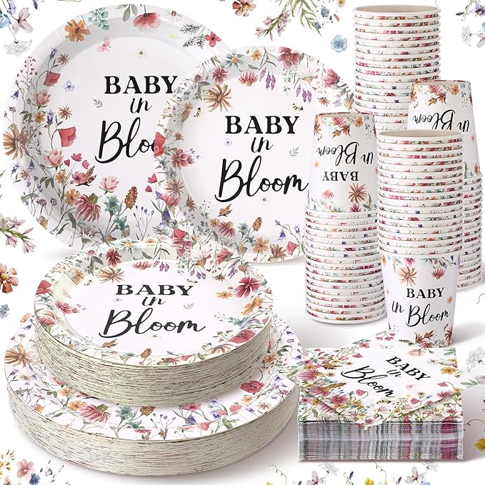 Hsei 250 Pcs Baby in Bloom Baby Shower Decorations Wildflower Plates and Napkins Set Floral Party Tableware Set for 50 Guests Floral Disposable Plates Napkins Cups for Birthday Babys Shower Party