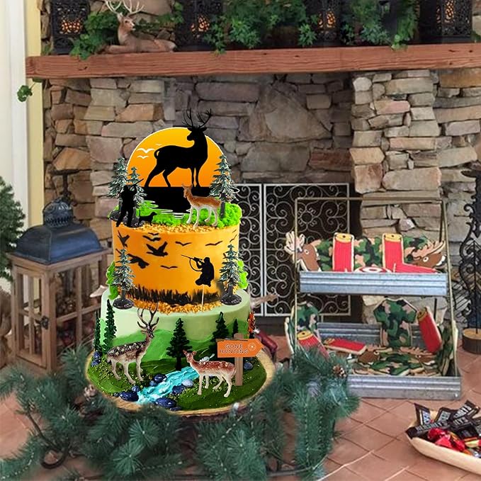 13PCS Deer Hunting Cake Topper Deer Hunter Cake Decoration Set Deer Tree Green Camo Hunting Birthday Decorations for Camo Camping Hunting Birthday Baby Shower Party Supplies