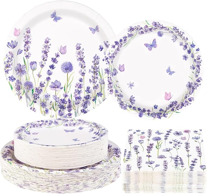 200Pcs Lavender Party Supplies Spring Purple Lavender Floral Plates and Napkins Disposable Butterfly Flower Tableware Set for Wedding Birthday Baby Shower Tea Party Decorations Serves 50
