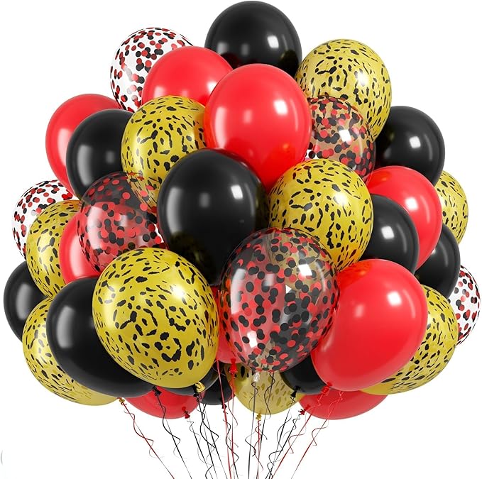 FunHot Leopard Balloons, 50 Pcs Black Red Balloon, Cheetah Printed Balloons, 12 Inch Red and Black Confetti Latex Helium Balloon for Birthday Zoo Themed Baby Shower Animal Leopard Party Decorations