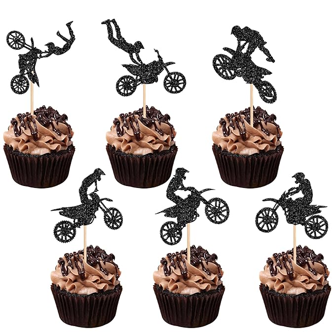 24 PCS Motorcycle Cupcake Toppers Black Glitter Motocross Dirt Bike Party Cupcake Picks for Sports Motocross Theme Man Boy Birthday Party Cake Decorations Supplies