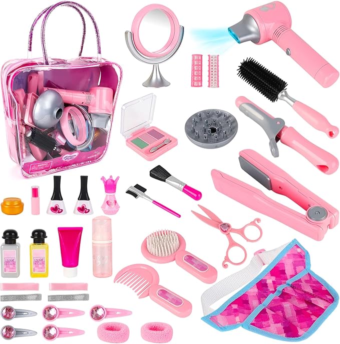 deAO Hair Salon Toys for Girls Beauty Salon Set Kids Pretend Hair Styling Set with Hairdryer, Mirror, Curling Iron and Stylist Accessories for Toddler Makeup Party Christmas (Fake Makeup)