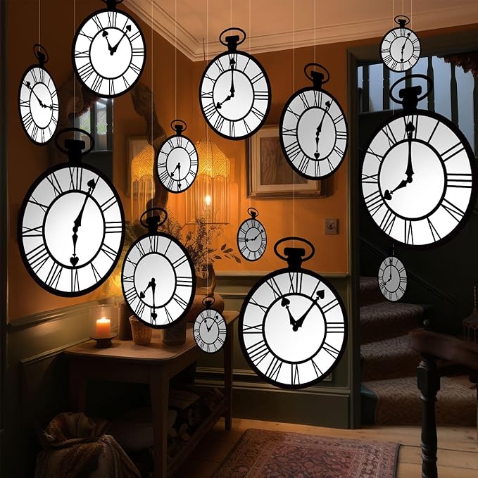 Wonderland Tea Party Decoration Clock Hanging Banners Wonderland Spring Themed Garland banner Curious Clock Backdrop Photo Props for Indoor Outdoor Garden Birthday Baby Shower Party Supplies
