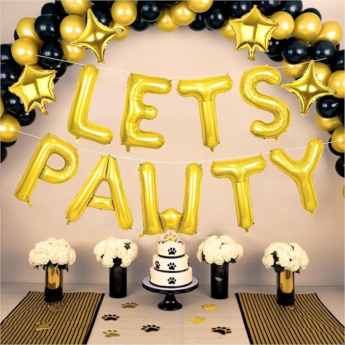 Lets Pawty Balloons Banner 16 Inch,Gold Dog Birthday Decorations with 4pcs 10 Inch Star Balloons,Paw Foil Letter Balloon for Dogs Paw Pet Puppy Theme Party Supplies
