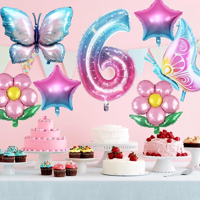 Butterfly Balloon 6th Birthday Decorations, Colorful Gradient Pink Foil Balloons for Fairy Party, Girl Party Supplies, Baby Shower