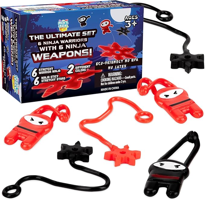 PICK A TOY Ninja Party Favors for Kids – 12 Pack Stretchy Flying Ninjas, Sticky Slingshot & Throwing Stars Toys – Goodie Bag Stuffers, Classroom Prizes, Easter Basket Egg Filler