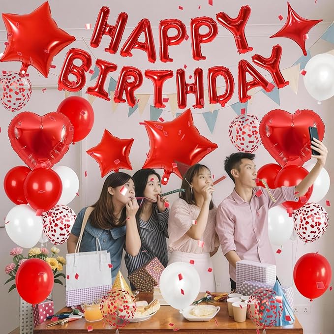 Red White Birthday Decorations for Women Girls Dark Red Metallic Pearl Whte Confetti Party Balloon Happy Birthday Banner Heart Foil Balloons 18/10 Inch Star Balloons for Bday Party Supplies