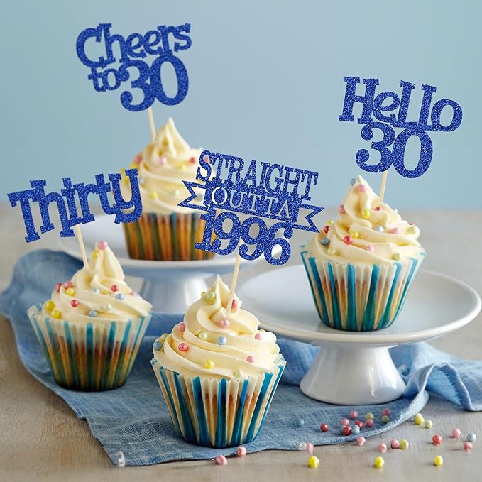 Ephlyn 24Pcs Happy 30th Birthday Cupcake Toppers Glitter Thirty Cupcake Picks Hello 30 Cheers to 30 Years Cake Decorations for 30th Birthday Anniversary Party Decorations Supplies Blue
