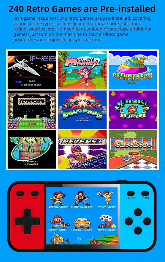 3.0" Large Screen Color Retro Game Console Built-in 240 Video Games Student Pocket Handheld Electronic Game Kids Portable Puzzle Toy/Children's Birthday Gift Travel Leisure Companion