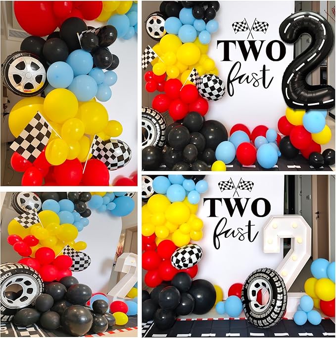 Race Car Birthday Party Balloons Arch Kit,179pcs Race Car Party Decorations Red yellow black and blue & Checkered Flag & Wheels Foil Balloon for Boys Racing car Theme Two Fast Party Supplies