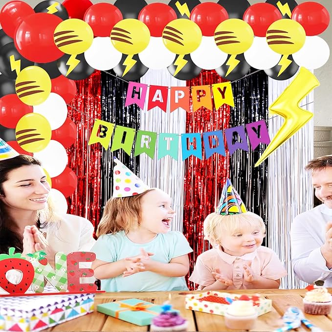 23Pcs Cartoon Ball Birthday Decorations, Red Black White 3.3x8.2ft Tinsel Foil Fringe Curtains Banners and Cute Balloons for Anime Pika Theme Birthday Party Decorations Boys and Girls Party Supplies