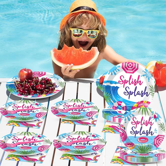 CHUNNIN 96Pcs Pink Splish Splash Plates and Napkins Summer Pool Birthday Party Decorations Splish Splash Bash Dessert Plates Summer Beach Tableware for 24 Guests Girls Hawaiian Party Supplies