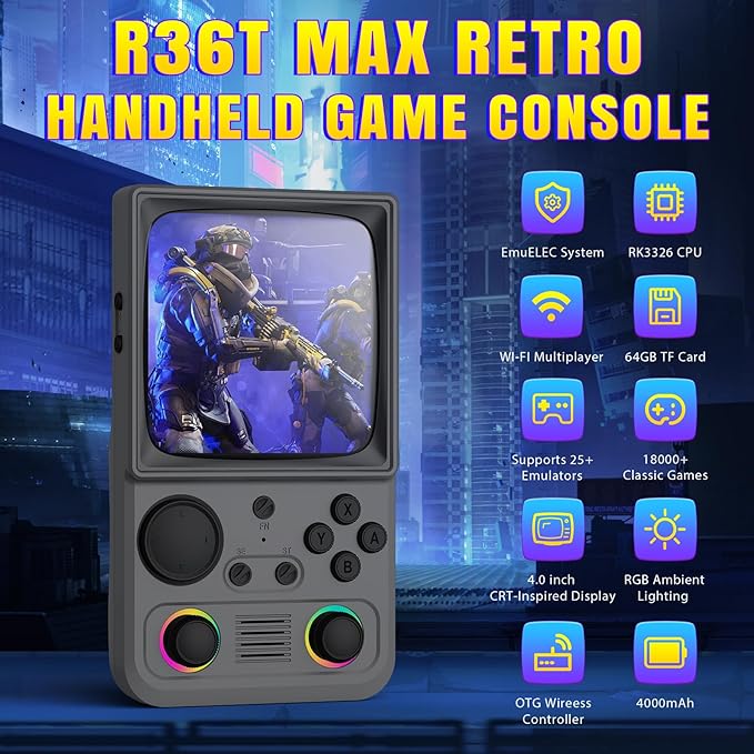 R36TMAX Upgraded Retro Handheld Game Console with 4000mAh Battery, 4.0'' IPS Screen, Retro Gaming Console with Portable Case, Supports WiFi Networked Fighting and OTG (Classic Grey)