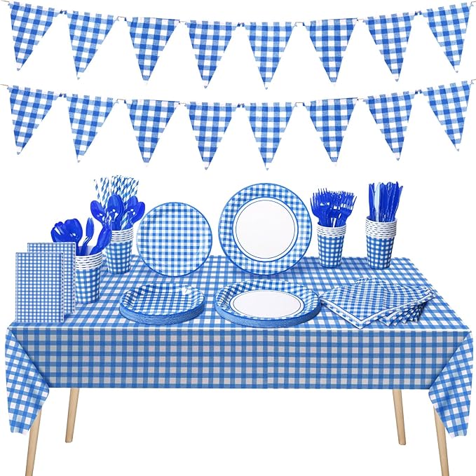 205 Pcs Party Supplies for 25 Guest Checkered Plaid Tablecloth Pennant Banner Plate Cup Napkin Cutlery and Straw for Birthday Party Family Dinner Picnic BBQ Birthday Party Decoration (Blue and White)