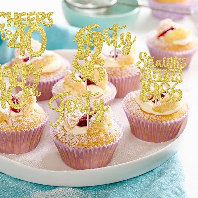 30PCS Straight Outta 1986 Cupcake Toppers Gold Glitter Forty Happy 40th Birthday Cupcake Picks Cheers to 40 Years Cake Decorations for 40th Birthday Anniversary Party Decoration Supplies