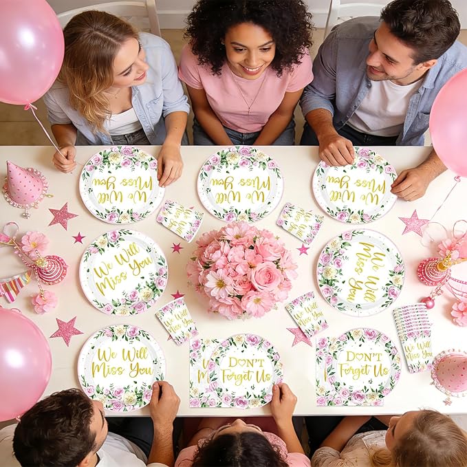 168Pcs We Will Miss You Party Decorations Pink Floral Farewell Plates Cups and Napkins Tableware Set Rose Gold Flowers Decorations for Spring Going Away Goodbye Retirement Party Supplies Serves 24