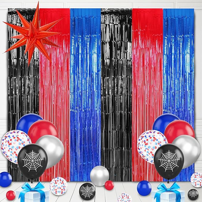 23Pcs Anime Spider Birthday Decorations, Red Black Blue 3.3x8.2ft Tinsel Foil Fringe Curtains Banners and Cobweb Balloons for Spider Theme Birthday Party Decorations Boys and Girls Party Supplies
