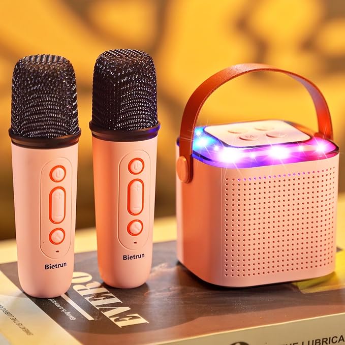 Mini Karaoke Machine with 2 Wireless Microphones for 5+ Years Old Kids, Rechargeable Portable Bluetooth Karaoke Singing Speaker with Voice Changing, RGB Light, for Birthday, Family, Home Party Gift