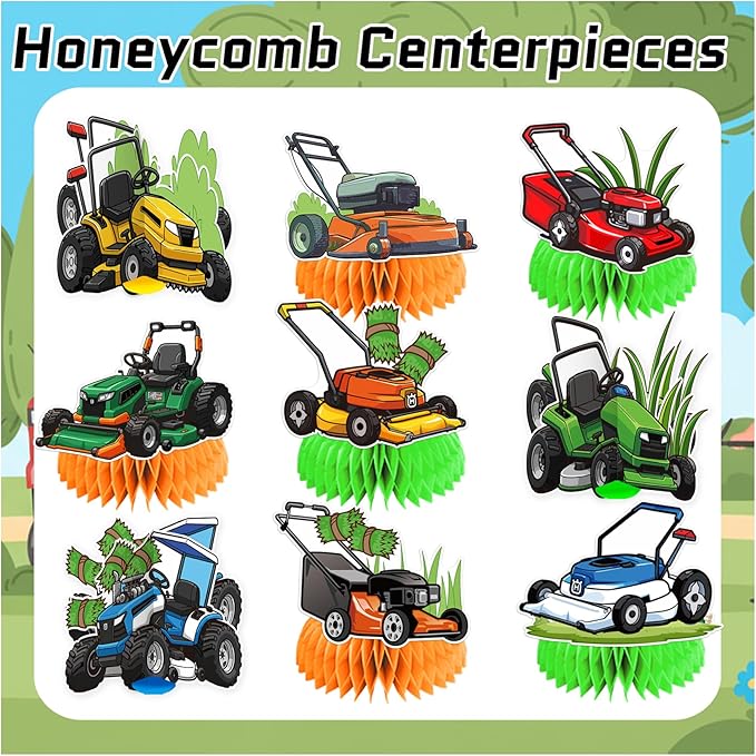 9 Pcs Lawn Mower Honeycomb Centerpieces Lawn Mower Table Decorations Lawnmower Party Decorations for Lawn Mower Birthday Party Supplies