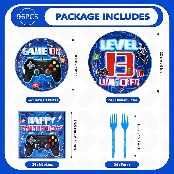Grencian 96Pcs 13th Birthday Party Decorations Blue Video Game Plates Disposable Blue Official Teen 13th Birthday Paper Tableware Set for Boys 13 Year Old Video Game Theme Party Supplies, Serves 24
