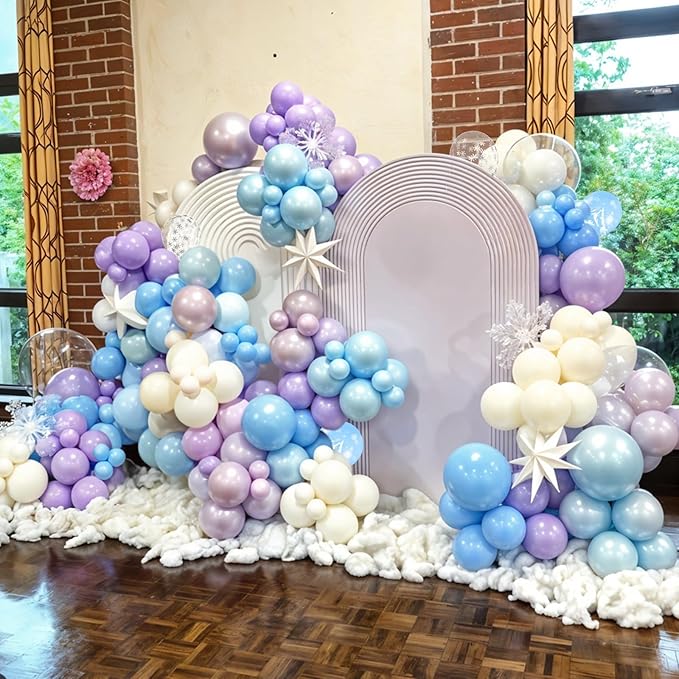 Frozen Balloons, 50Pcs 12 Inch Light Macaron Blue Pearl Purple Metallic Blue Purple Clear Snowflake Birthday Balloons for Girls Frozen Birthday Party Decorations Winter Baby Shower Snow Backdrop