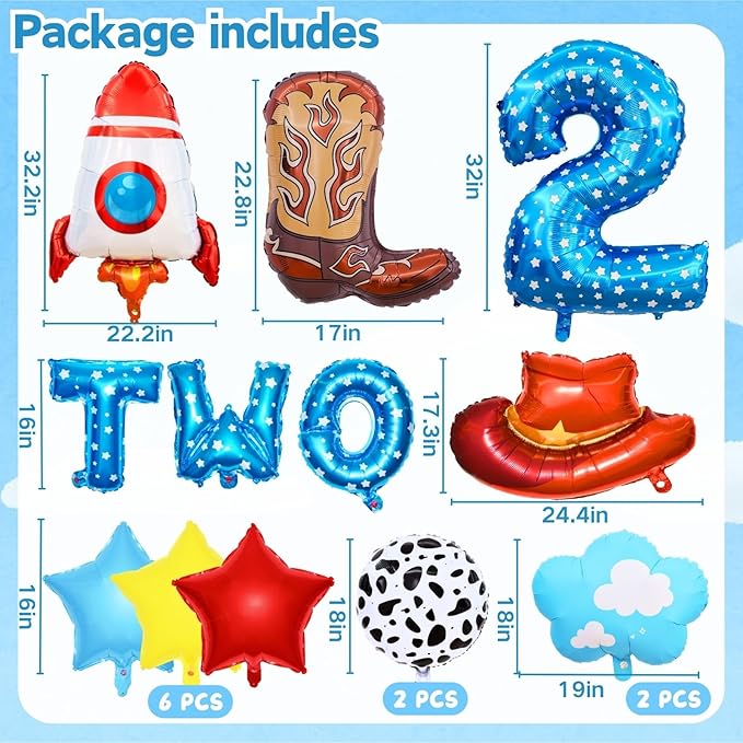 Toy Themed Story Birthday Decoration Balloon Set,Cartoon Style Birthday Rocket,Cowboy Hat,Boots,Clouds,Star Patterns, For kid Party Supply (2nd-Two Infinity and Beyond)
