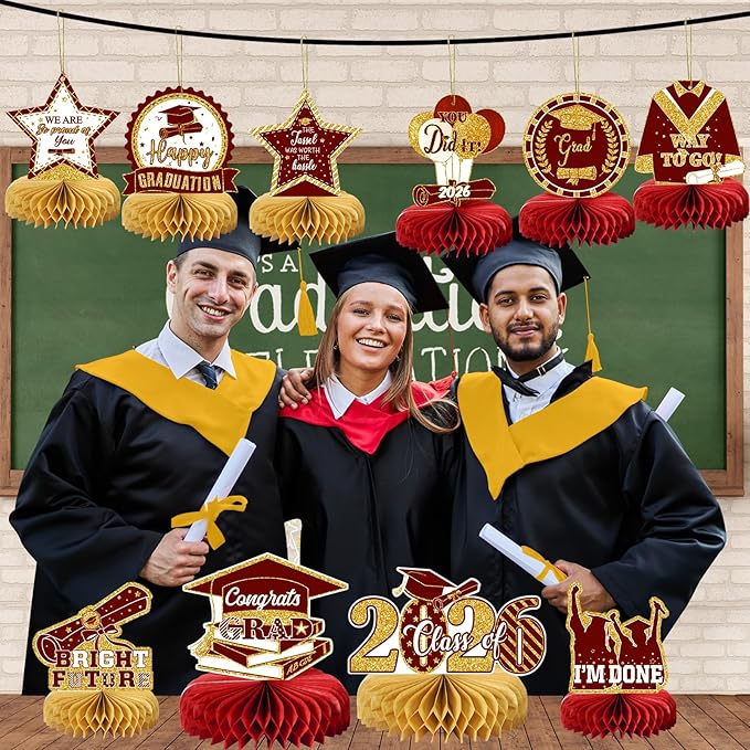 10PCS Graduation Party Decorations Class of 2026 Congrats Grad Table Centerpieces Congratulate Graduation Honeycomb Table Toppers for Graduation Party Supplies(Maroon Gold)
