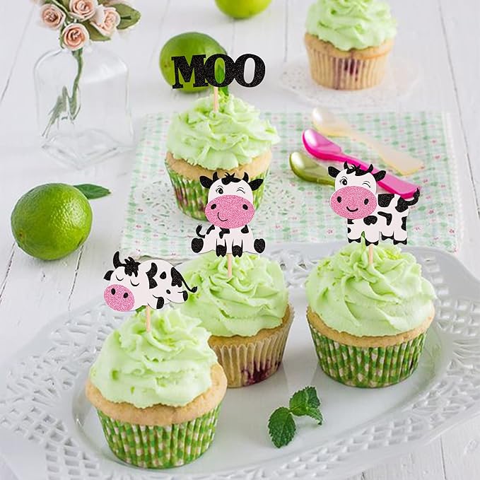 24 PCS Cow Cupcake Toppers Glitter Farm Animals Moo Cupcake Picks Cow Theme Baby Shower Kids Birthday Party Cake Decorations Supplies