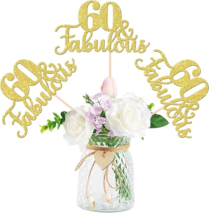12 PCS 60 and Fabulous Centerpiece Sticks Double Sided Happy 60th Birthday Table Flower Centerpieces Sticks Cheers to 60 Floral Decorations for 60th Birthday Anniversary Party Supplies Gold