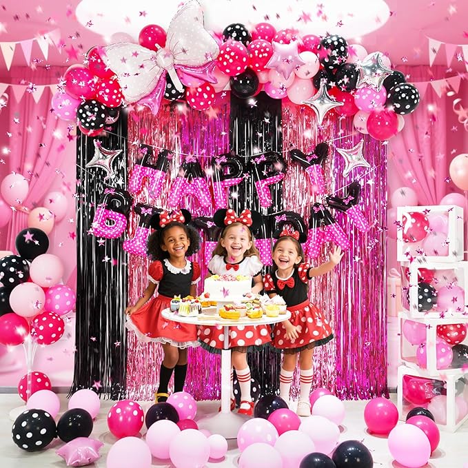 YIIHMEI Cartoon Mouse Birthday Party Decorations Supplies with Black Pink Style Letters Banner Balloons Kit for Girl's-104Pcs