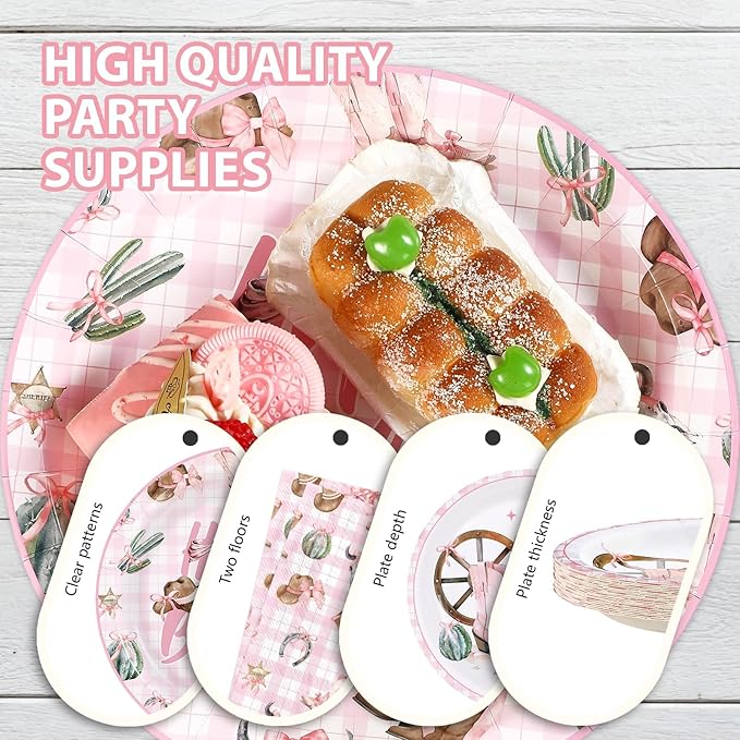 Grencian 96Pcs Western Cowgirl Birthday Party Decorations Coquette Bow Cowgirls Plates and Napkins Pink Cowgirls Tableware for Girls Western Birthday Baby Shower Party, Serves 24