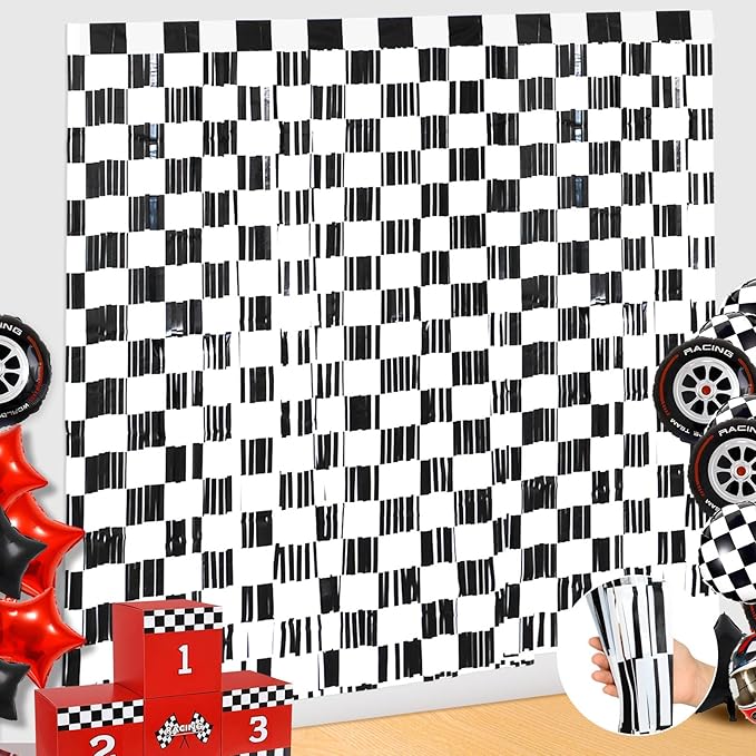 2 Pack Race Car Checkered Streamers Backdrops Birthday Party Decorations Black and White Checkered Foil Fringe Curtains Photo Booth Props for Racing Cars One Happy Dude Party Decorations