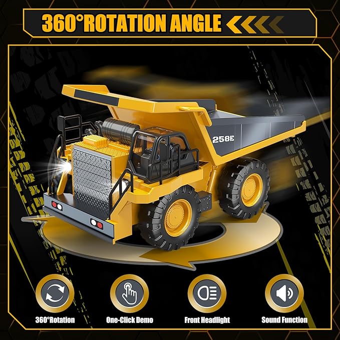 RC Dump Truck Toy for Boys, Remote Control Play Truck Construction Vehicles, 9CH 2.4Ghz Electric Trucks with Metal Bed & Light, 2 Rechargeable Batteries RC Car Toys Kids 3-12 Year Old Birthday Gifts