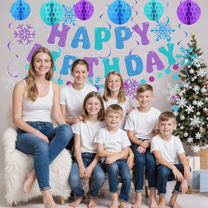 Amandir Snowflake Birthday Decorations for Girls, Glitter Happy Birthday Banner with Honeycomb Balls, Snowflake Hanging Swirls Streamers, Circle Dots Garland, Princess Winter Wonderland Party Supplies