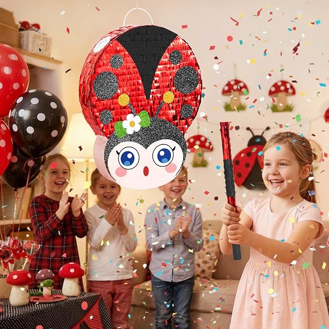 WERNNSAI Ladybug Piñata – Red Ladybug Party Piñata for Kids Birthday Games Garden Theme Parties Insect Theme Classroom Activities baby shower supplies with Blindfold and Stick