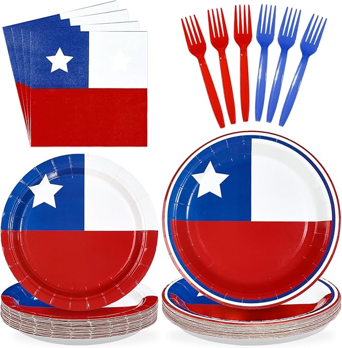 96Pcs Chile Flag Party Supplies Chilean Flag Plates and Napkins National Country Decoration Chile Themed Tableware Set for Chilean Patriotic Country Festival Party Supplies，Serves 24